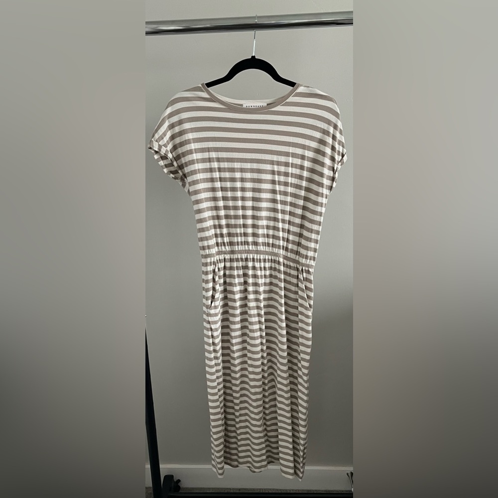 Downeast Midi Dress | Gray and White Striped | Size M